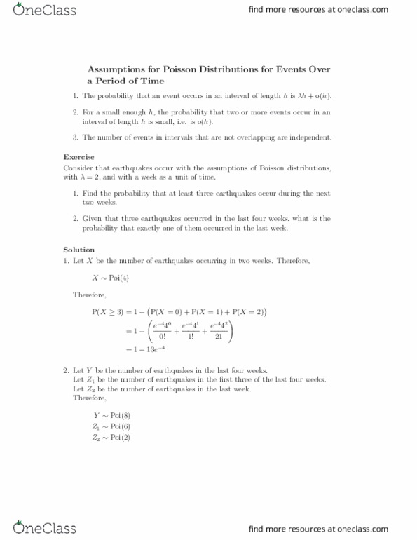 STAT 100A Lecture 13: Assumptions for Poisson Distributions Over Time Notes thumbnail