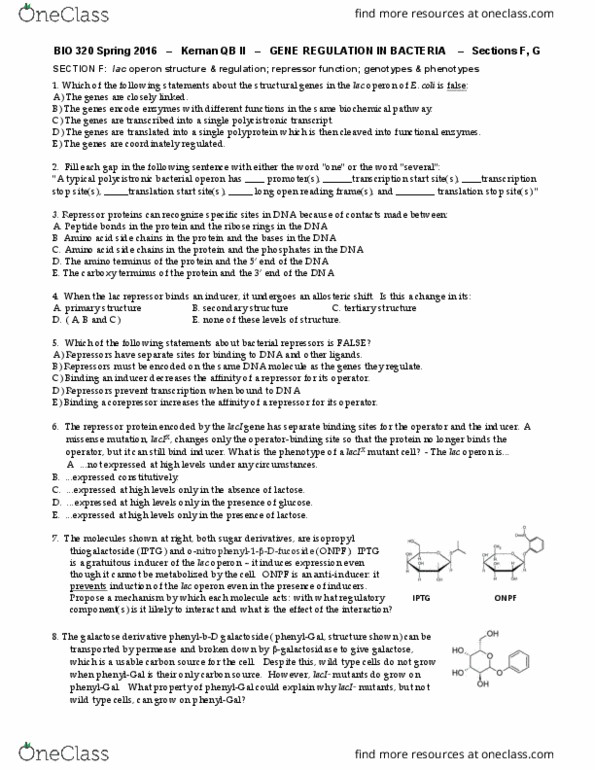 BIO 320 Lecture Notes - Lecture 20: Lac Repressor, Beta-Galactosidase, Hfr Cell thumbnail