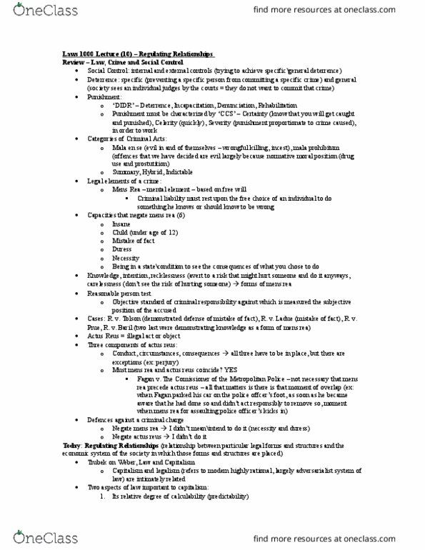 LAWS 1000 Lecture Notes - Lecture 10: Actus Reus, Mens Rea, Profit Motive thumbnail