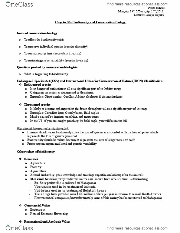 BIOLOGY 1M03 Lecture Notes - Lecture 14: Dutch Elm Disease, Bald Eagle, Endangered Species thumbnail