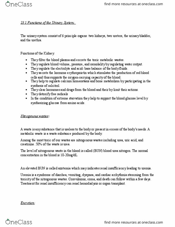 KINS 1224 Chapter Notes - Chapter 23: Metabolic Waste, Blood Sugar, Blood Plasma thumbnail