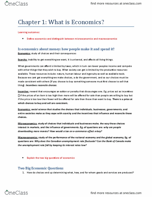 ECON 1050 Chapter Notes - Chapter 1: Microeconomics, Macroeconomics, Human Capital thumbnail