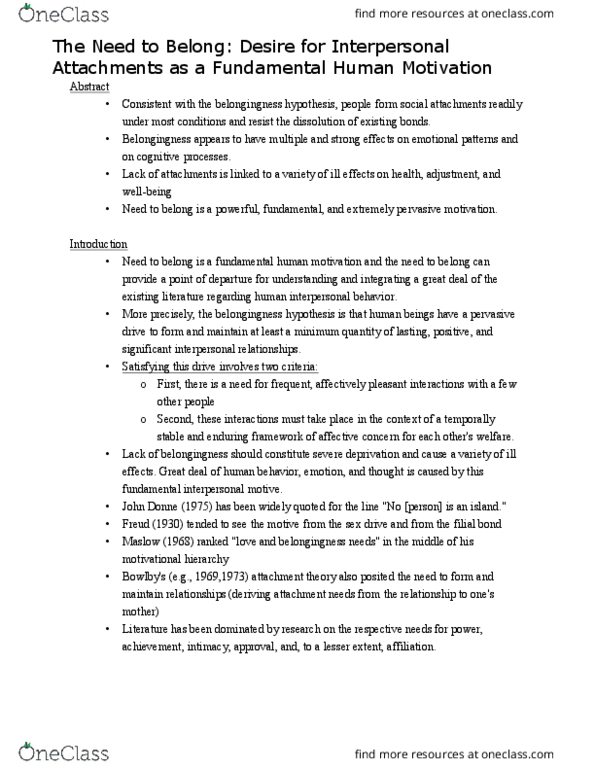 PSYC 333 Chapter Notes - Chapter 1: Belongingness, The Need, Interpersonal Relationship thumbnail