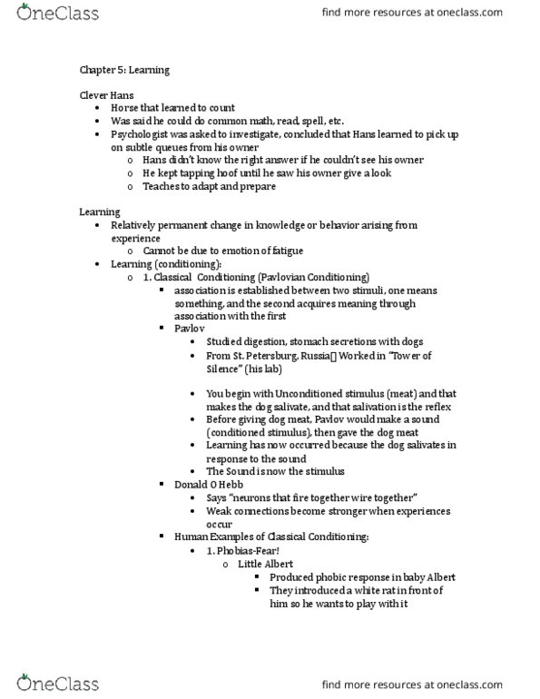 PSY 1001 Lecture Notes - Lecture 4: Dog Meat, Little Albert Experiment, Chemotherapy thumbnail