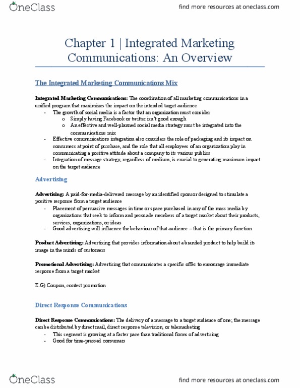 Management and Organizational Studies 3322F/G Lecture Notes - Lecture 1: Integrated Marketing Communications, Customer Relationship Management, Direct Response Television thumbnail