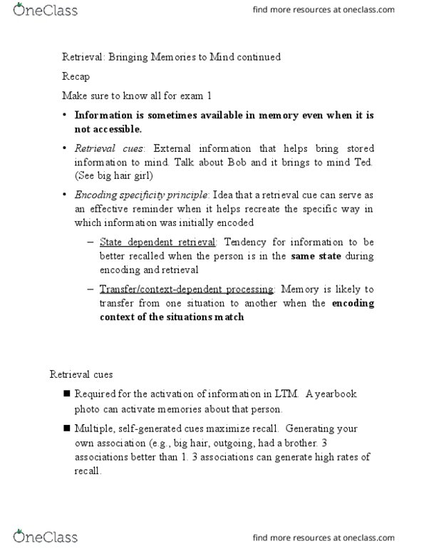 PSYC 102 Lecture Notes - Lecture 9: Encoding Specificity Principle, Elizabeth Loftus, Procedural Memory thumbnail