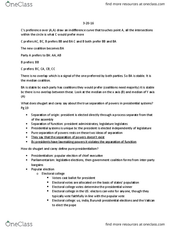 CPO-2002 Lecture Notes - Lecture 13: Electoral College, Parliamentary System, Indifference Curve thumbnail