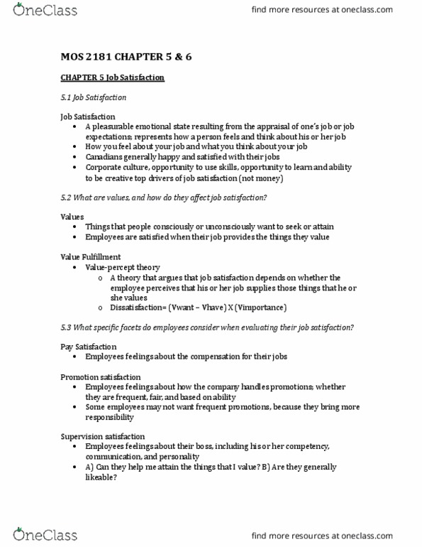 Business Administration 2295F/G Lecture Notes - Lecture 5: Job Satisfaction, Employee Assistance Program, Satisfaction Theory Of Atonement thumbnail
