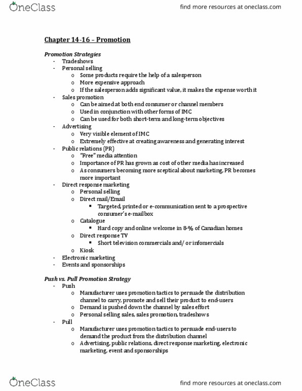 MKT 100 Chapter Notes - Chapter 14-16: Direct Marketing, Personal Selling, Sales Promotion thumbnail