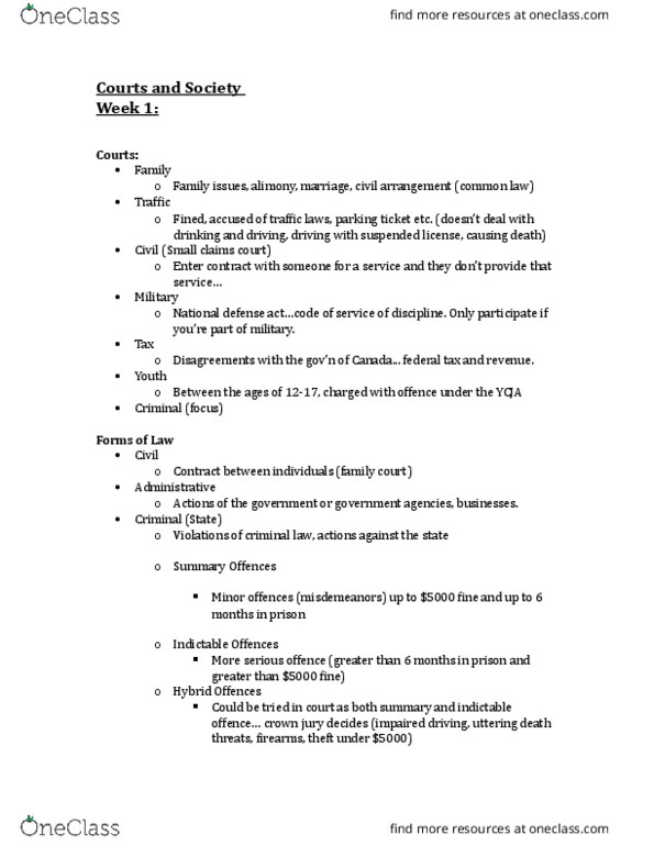 SOC 3730 Lecture Notes - Lecture 1: Indictable Offence, Summary Offence, Provincial And Territorial Courts In Canada thumbnail