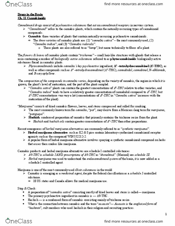 PSYC62H3 Chapter Notes - Chapter 11: Controlled Substances Act, Cannabis Smoking, Cannabinoid Receptor Type 1 thumbnail