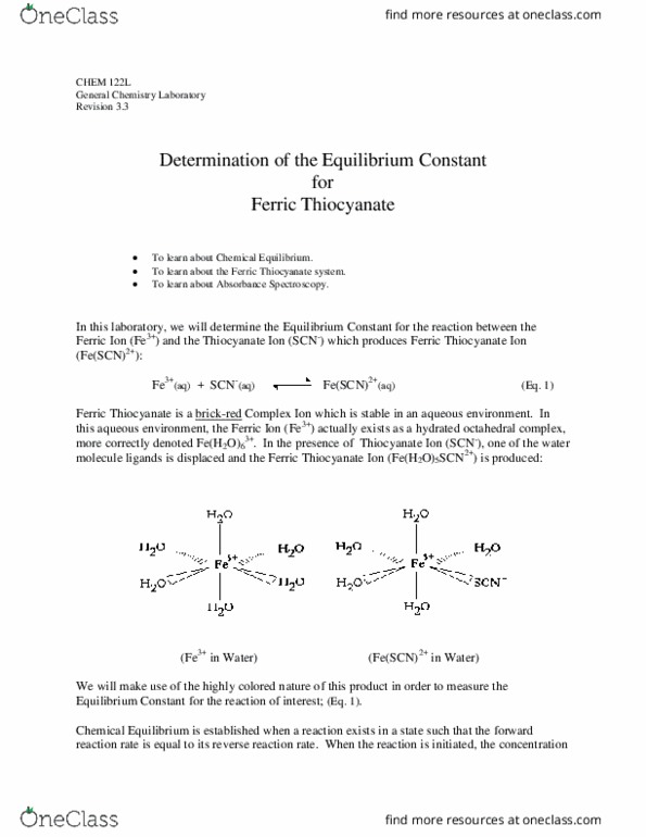 CHM110H5 Lecture Notes - Lecture 7: Thiocyanate, Equilibrium Constant, Potassium Thiocyanate thumbnail
