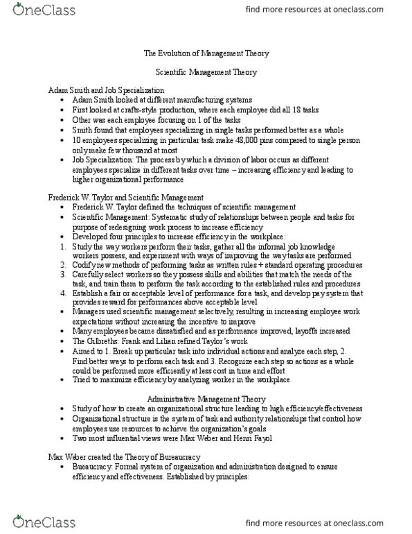 MGM101H5 Chapter Notes - Chapter 2: Henri Fayol, Scientific Management, Operations Management thumbnail