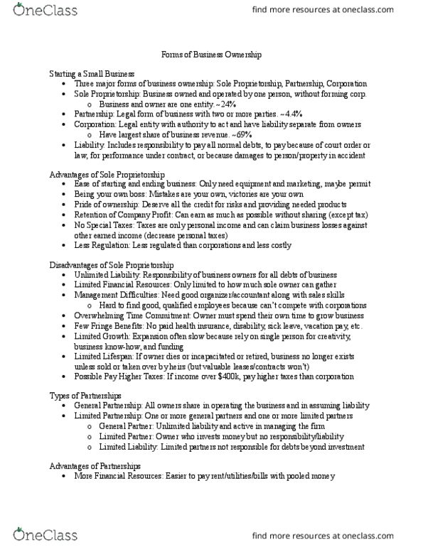 MGM101H5 Chapter Notes - Chapter 4: Sole Proprietorship, General Partnership, Privately Held Company thumbnail