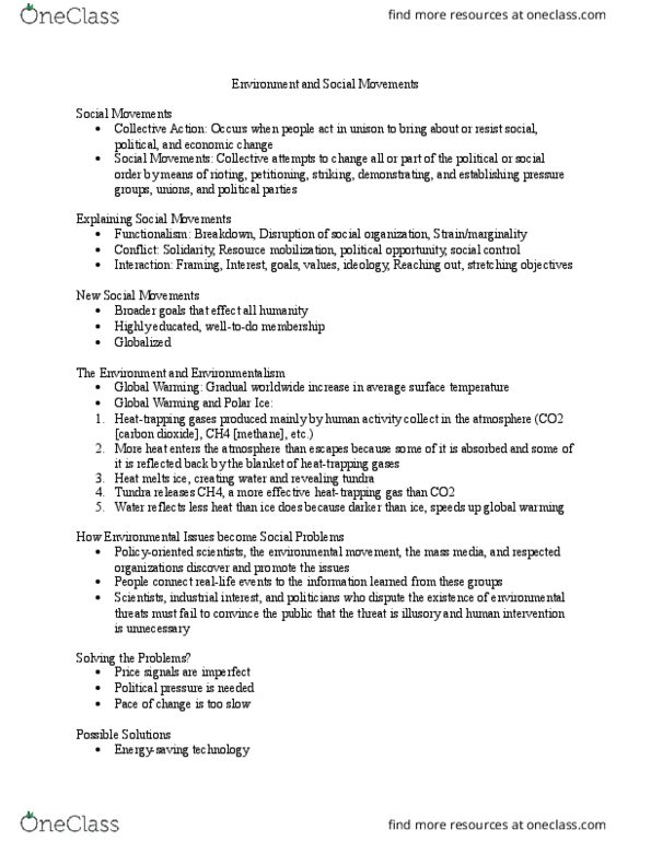 SOC100H5 Lecture Notes - Lecture 16: New Social Movements, Resource Mobilization, Environmentalism thumbnail