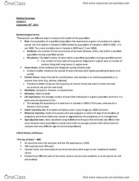 Sociology 2179A/B Lecture Notes - Lecture 3: Maternal Death, Chronic Condition, Epidemiological Transition thumbnail