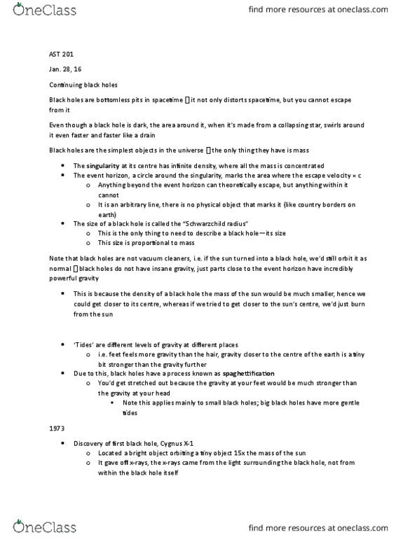 AST201H1 Lecture Notes - Lecture 6: Event Horizon, Escape Velocity, Schwarzschild Radius thumbnail