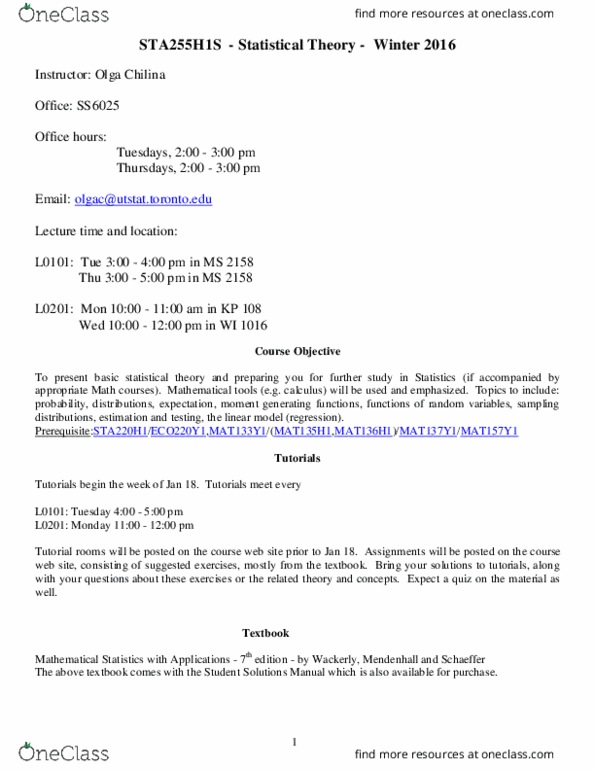 STA255H1 Lecture Notes - Lecture 1: Linear Regression, Probability Distribution, Random Variable thumbnail