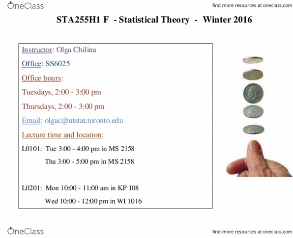 STA255H1 Lecture Notes - Lecture 1: Hypergeometric Distribution, Statistical Inference, Binomial Distribution thumbnail