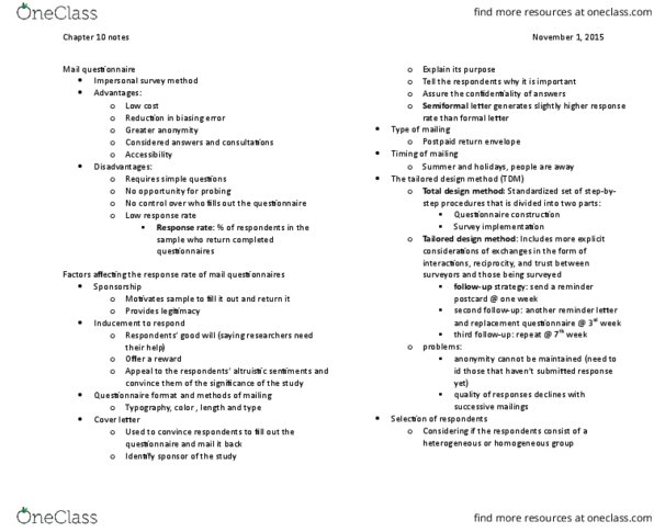 CLD 322 Chapter Notes - Chapter 10: Questionnaire Construction, Stuart Pugh, Structured Interview thumbnail