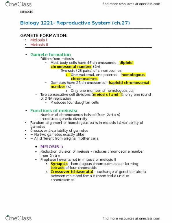 BIOL 1221 Lecture Notes - Lecture 7: Gametogenesis, Meiosis, Dna Replication thumbnail