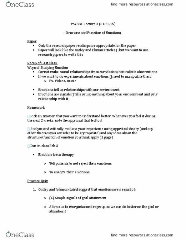 PSY331H1 Lecture Notes - Lecture 3: Emotion Classification, Appraisal Theory, Subroutine thumbnail