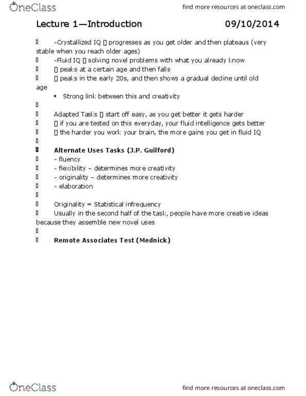 PSYC 3550 Lecture Notes - Lecture 8: Big C, Fluid And Crystallized Intelligence, Howard Gardner thumbnail