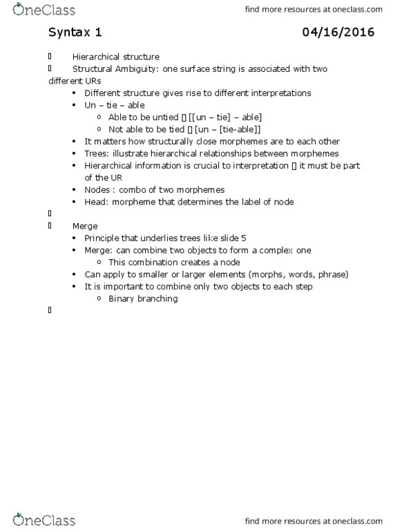 LING 200 Lecture Notes - Lecture 5: Complementizer, Finite Verb, Transitive Verb thumbnail