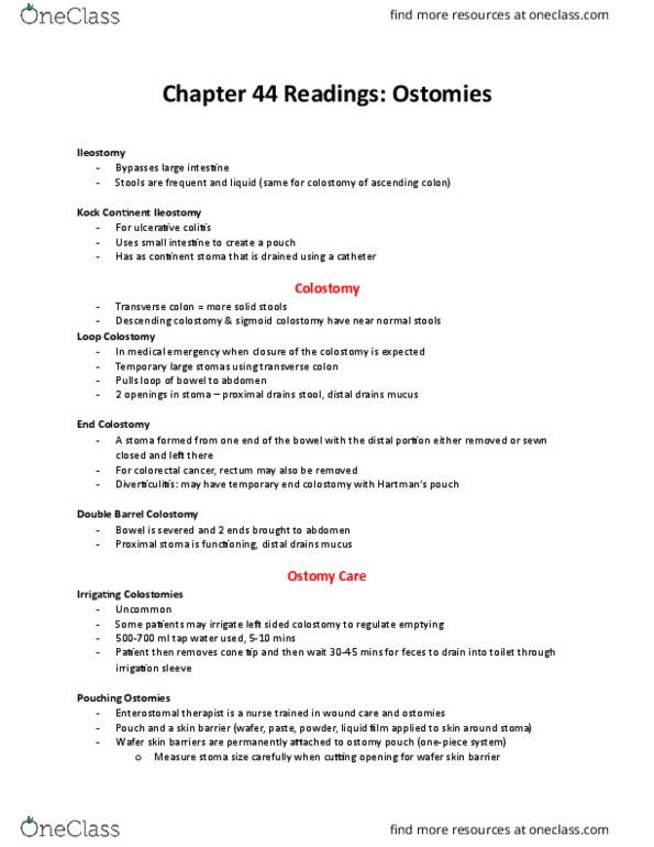 NURS 3280 Chapter Notes - Chapter 44: Colostomy, Ileostomy, Colorectal Cancer thumbnail