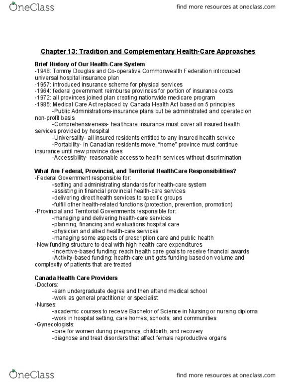 FRHD 1100 Chapter Notes - Chapter 13: Canada Health Act, Genitourinary System, Dermatology thumbnail