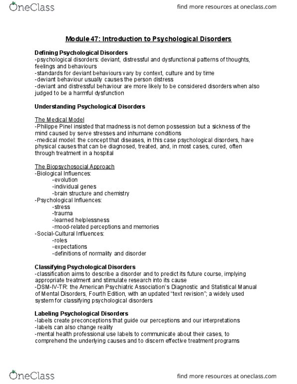 PSYC 1000 Chapter Notes - Chapter 47: Philippe Pinel, Learned Helplessness, Mental Health Professional thumbnail