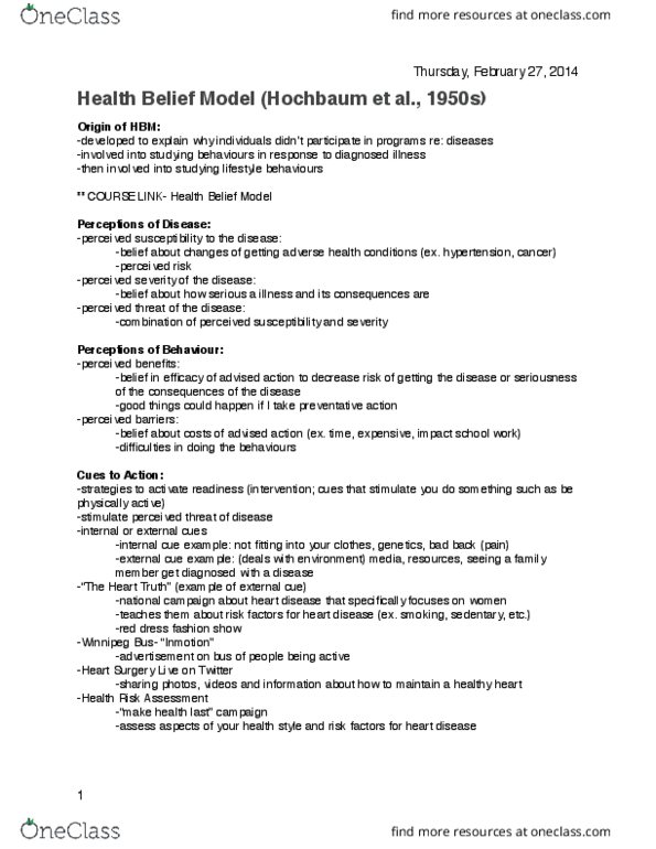 NUTR 3070 Lecture Notes - Lecture 10: Health Belief Model, The Heart Truth, Osteoporosis thumbnail