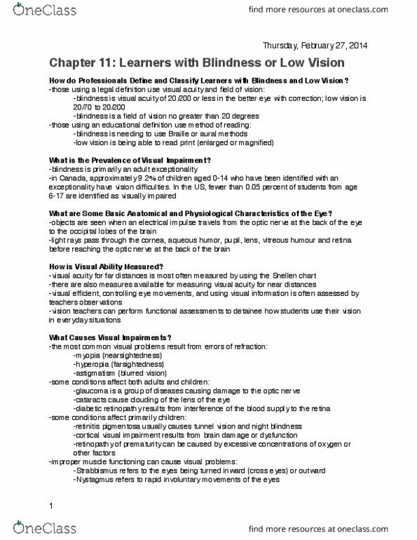 FRHD 2110 Chapter Notes - Chapter 11: Cortical Visual Impairment, Diabetic Retinopathy, Visual Acuity thumbnail