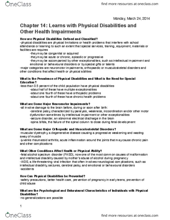 FRHD 2110 Chapter Notes - Chapter 14: Juvenile Idiopathic Arthritis, Cerebral Palsy, Intellectual Disability thumbnail