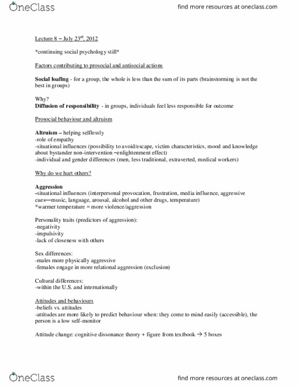 PSY 202 Lecture Notes - Lecture 8: Jane Elliot, Cognitive Dissonance, Twin Study thumbnail