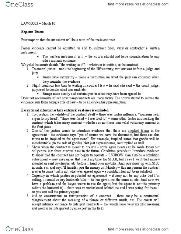 LAWS 3003 Lecture Notes - Lecture 10: Parol Evidence Rule, Collateral Contract, Condition Subsequent thumbnail