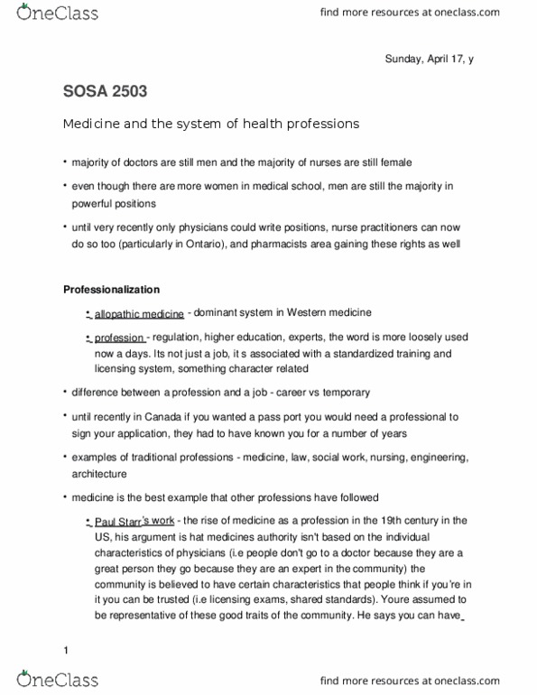 SOSA 2503 Lecture Notes - Lecture 1: Allopathic Medicine, Joseph Delee, Natural Childbirth thumbnail
