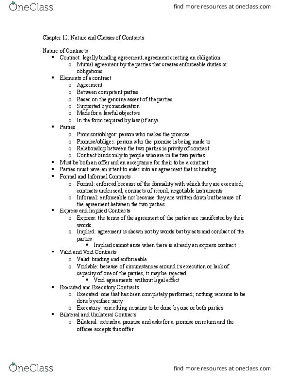 BSLW1021 Chapter Notes - Chapter 12: Contract, Quasi-Contract, Option Contract thumbnail