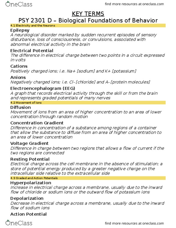 PSY 2301 Lecture Notes - Lecture 4: Electric Charge, Electroencephalography, Psy thumbnail