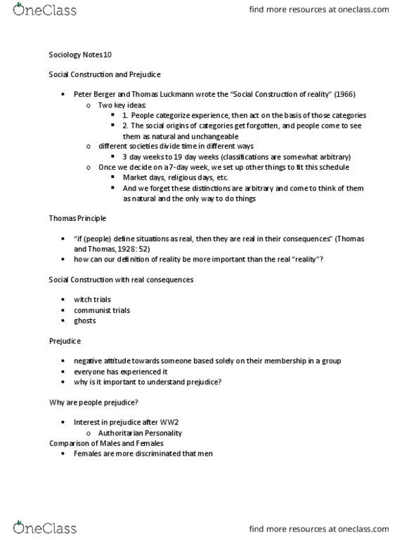 SOCI 100 Lecture Notes - Lecture 10: Realistic Conflict Theory, Thomas Luckmann, Ingroups And Outgroups thumbnail