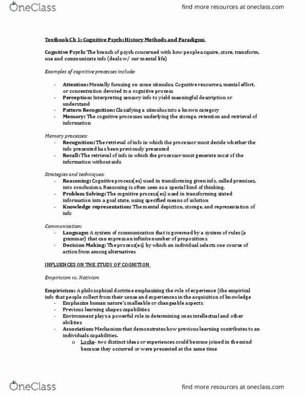 Psychology 2810 Chapter Notes - Chapter 1: Central Processing Unit, Wilhelm Wundt, Cognitive Revolution thumbnail