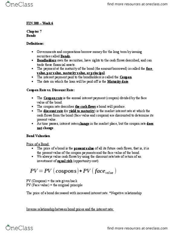 FIN 300 Lecture Notes - Lecture 7: Interest Rate Risk, Zero-Coupon Bond, Risk Premium thumbnail