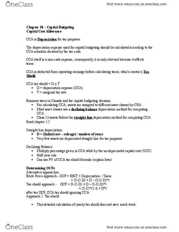 FIN 300 Lecture Notes - Lecture 10: Capital Cost Allowance, Tax Rate, Tax Shield thumbnail