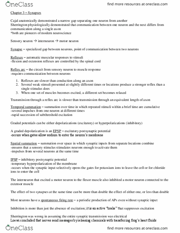 PSY 324 Chapter Notes - Chapter 3: Excitatory Postsynaptic Potential, Inhibitory Postsynaptic Potential, Ligand-Gated Ion Channel thumbnail
