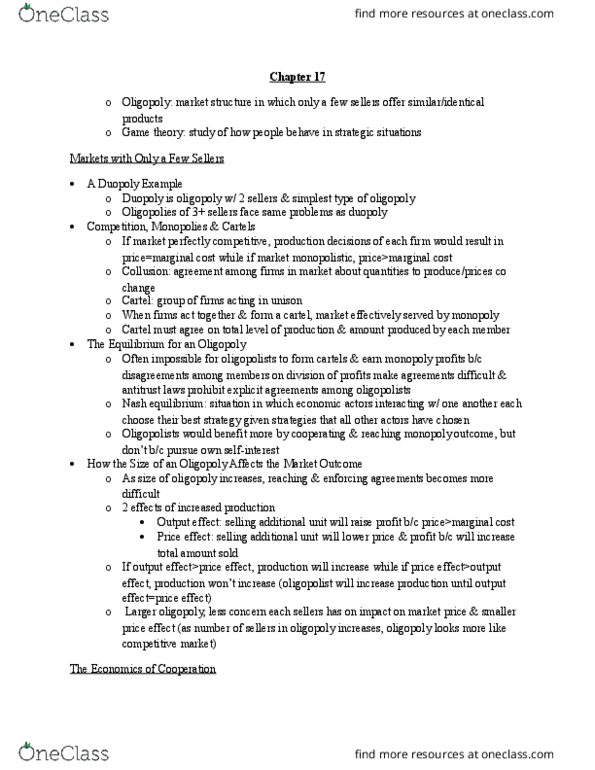 ECON 1200 Chapter Notes - Chapter 17: Nash Equilibrium, Oligopoly, Marginal Cost thumbnail