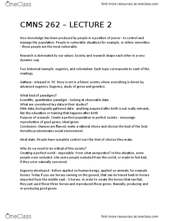 CMNS 262 Lecture Notes - Lecture 2: Gattaca, Collective Intelligence, Social Darwinism thumbnail
