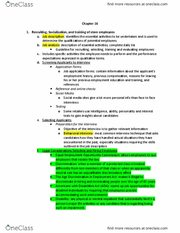 FM 262 Chapter Notes - Chapter 16: Protected Group, Job Analysis, Equal Pay For Equal Work thumbnail