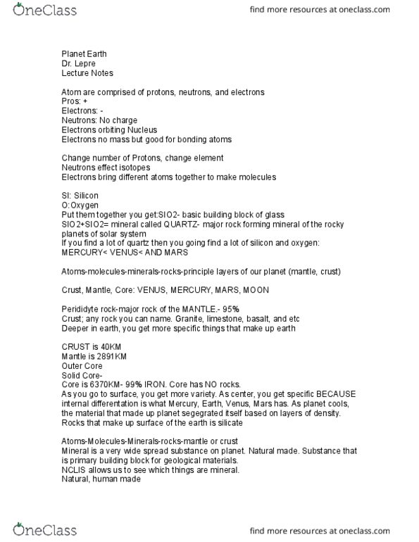 01:460:100 Lecture Notes - Lecture 1: Silicon Dioxide, Basalt, Halide Minerals thumbnail