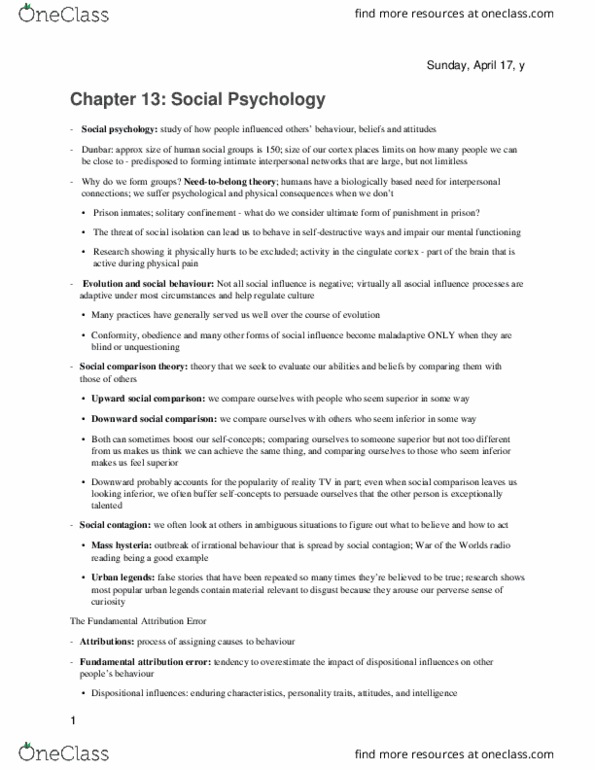 PSYC 1160 Lecture Notes - Lecture 13: Ultimate Attribution Error, Stanford Prison Experiment, Fundamental Attribution Error thumbnail