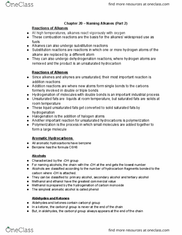 CHEM 29402 Chapter Notes - Chapter 20: Unsaturated Hydrocarbon, Dehydrogenation, Halogenation thumbnail